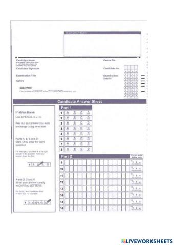 Reading and use of English answer sheet