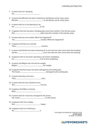 THE SUBJECTIVE INFINITIVE CONSTRUCTION – ACTIVE VOICE – CONTROLLED PRACTICE