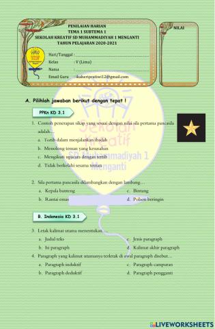 Penilaian Harian Tema 1 Sub Tema 1 Kelas 5