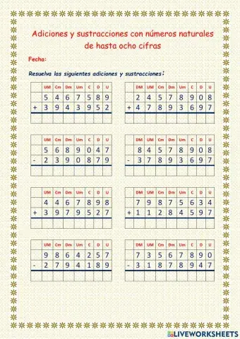 Adiciones y sustracciones con números de hasta ocho cifras