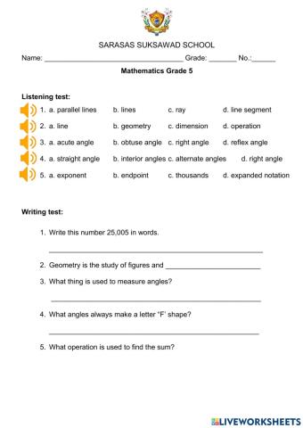 Listening and writing test for grade 5