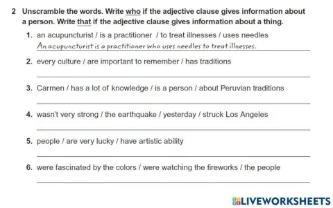 Adjective clauses with subject relative pronouns who and that