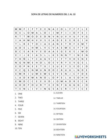 Sopa de letras de numeros del 1 al 10 en ingles