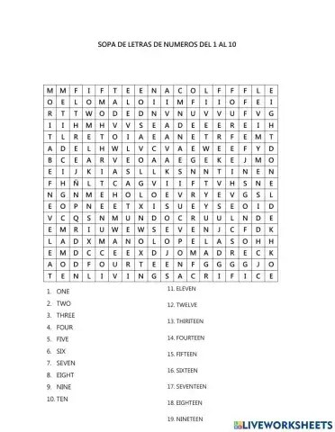 Sopa de letras de numeros del 1 al 20 en ingles