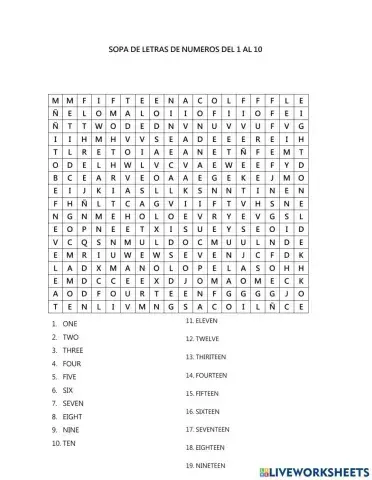 Sopa de letras de numeros del 1 al 20 en ingles