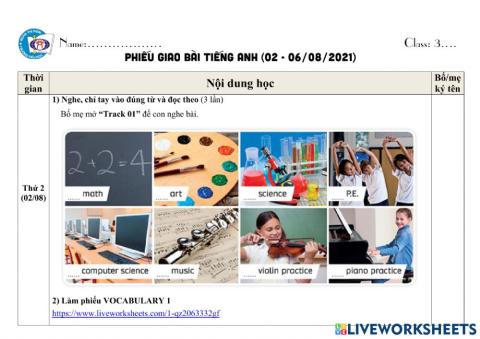 Phiếu giao bài Tiếng Anh tuần từ 02 đến 06.8