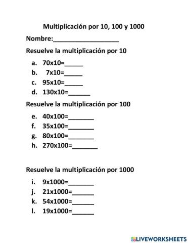 Multiplicación por 10,100, 1000