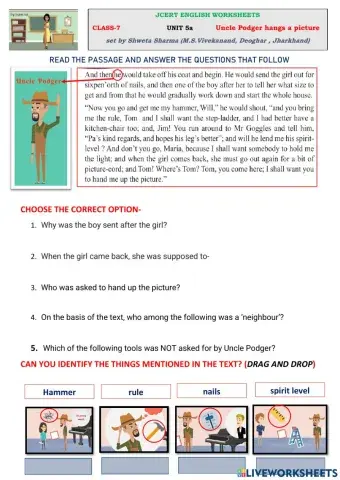 JCERT English class 7 unit 5a Uncle Podger hangs a picture