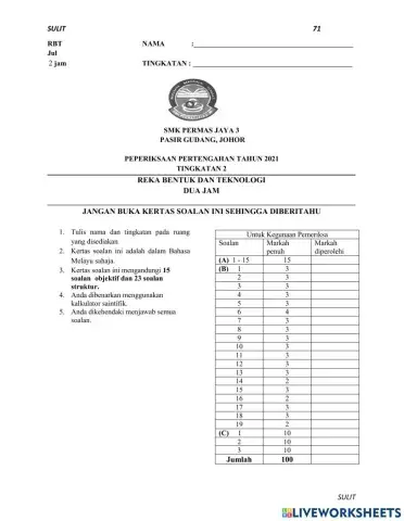 BAHAGIAN A RBT TINGKATAN 2 PEPERIKSAAN PERTENGAHAN TAHUN 2021