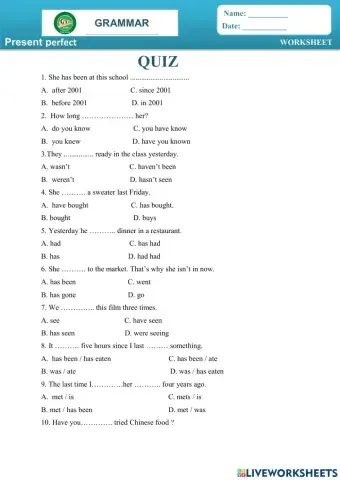 Quiz present perfect- past simple Ms Phuong