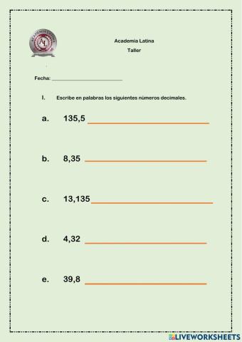 Taller de los números decimales.