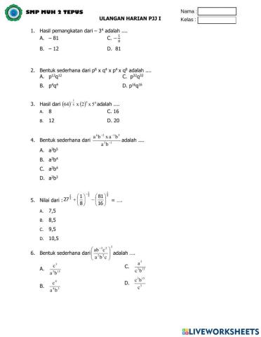 UH Bilangan berpangkat dan Bentuk Akar