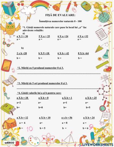 Înmulțirea numerelor naturale 0 - 100