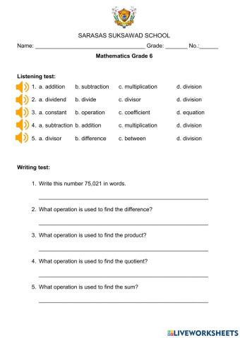 Listening and writing test for grade 6