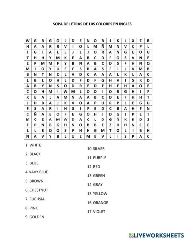 Sopa de letras de los colores en ingles