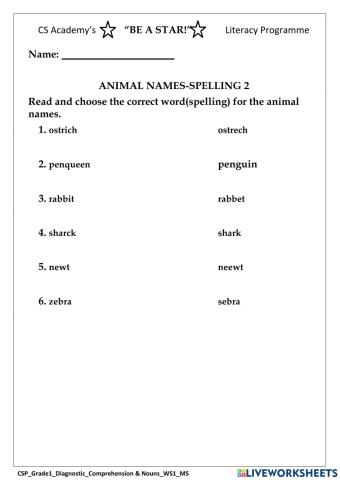 Animal names- Spelling 2