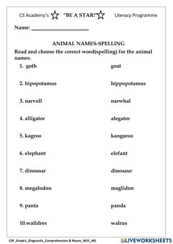 Spelling- Animal names 1