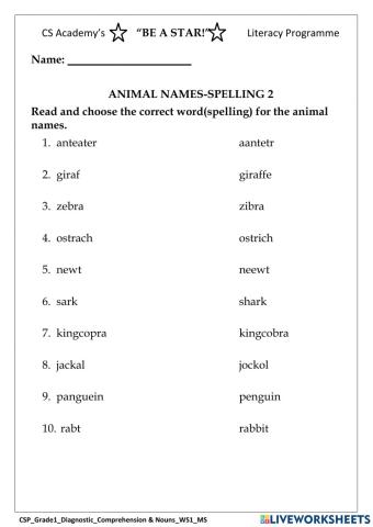 Spelling- Animal names 2
