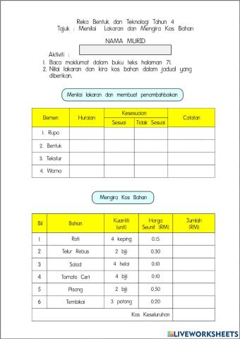 Nilai Lakaran dan Kira Kos Bahan