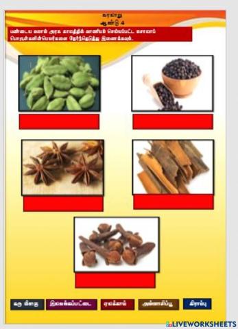 மசாலாப் பொருள்கள்                                (ஆசிரியை திருமகள் குப்புசாமி, கிந்தாவேலி தமிழ்ப்பள்ளி)