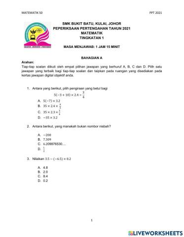 Peperiksaan pertengahan tahun matematik tingkatan 1