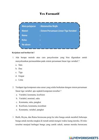 Sistem Persamaan Linear Tiga Variabel