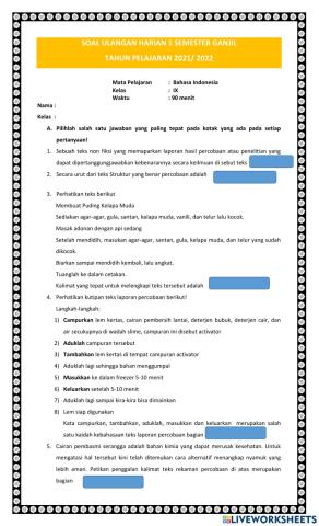 Soal UH Bahasa Indonesia kelas IX Ke 1 Semester ganjil