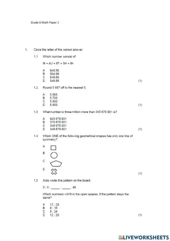 Grade 6 Math exam paper
