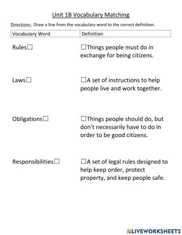 Civics Unit 1B Respon and Obligations of Citizens Vocab Matching Text Only