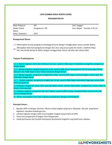 LKPD kelas 7 3.1 Pengukuran