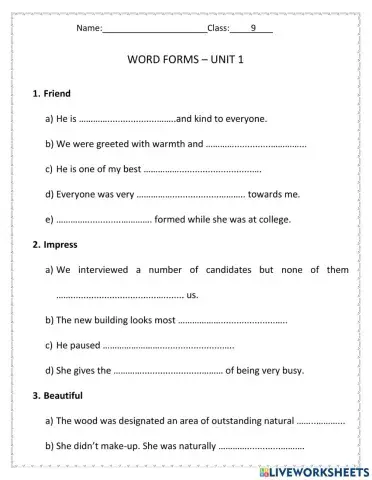 Word form 9 Unit 1