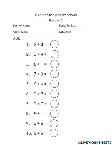 Addition within 10 year 1