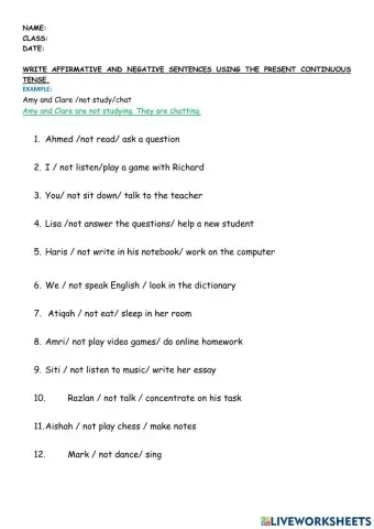 Affirmative and negative sentences in present continuous tense