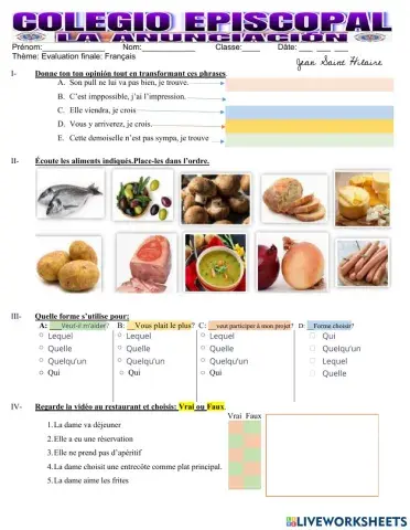 Évaluation- Au restaurant- 2021 Juillet 6ème