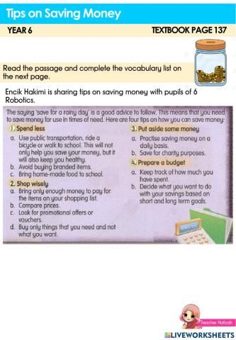 KSSR Year 6 Textbook page 137 -Tips on Saving Money