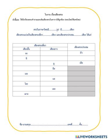 ใบงาน เรื่องเสียงสระ