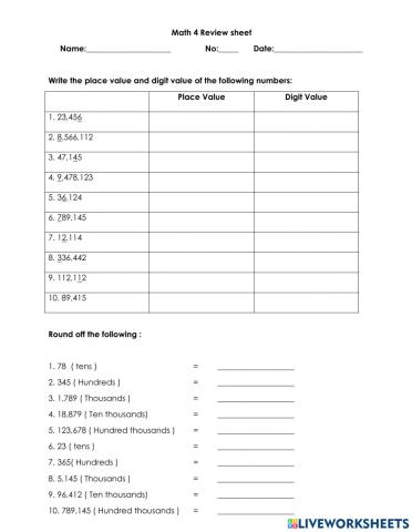 Digit value, Place Value , Comparing ,Expanded and Write the numbers in words