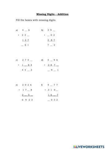 Addition - Missing Digits