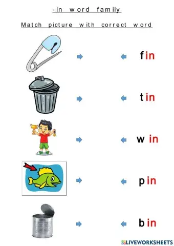 -in word family (Match picture with correct word)