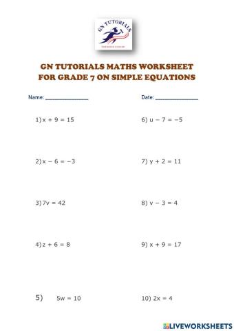 Gn tutorials maths worksheet on simple equations