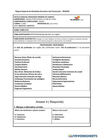Roteiro de inglês- 5°  ANO 05-08 a 20-08