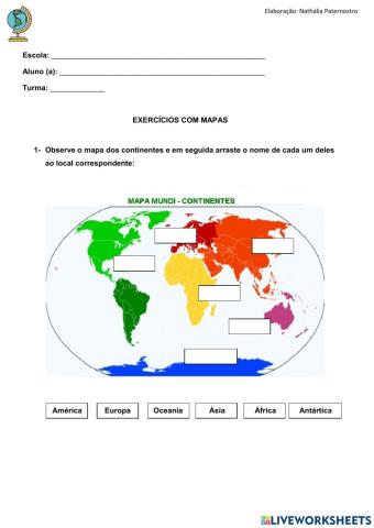 Exercício com mapa- Continentes, oceanos e mares