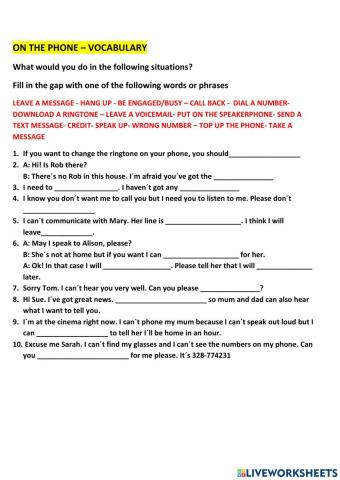 On the phone vocabulary