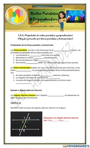 1.A.1.c Propiedades de rectas paralelas y perpendiculares  (Ángulos formados por líneas paralelas y transversales)