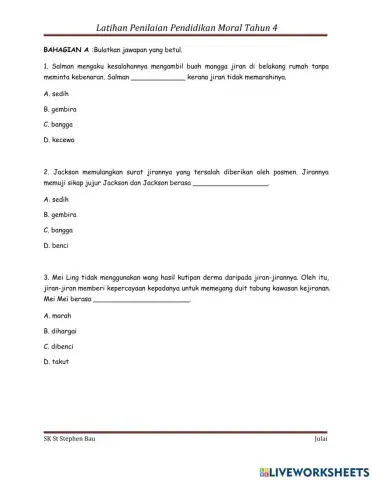 Penilaian subjek pendidikan moral tahun 4 julai 2021