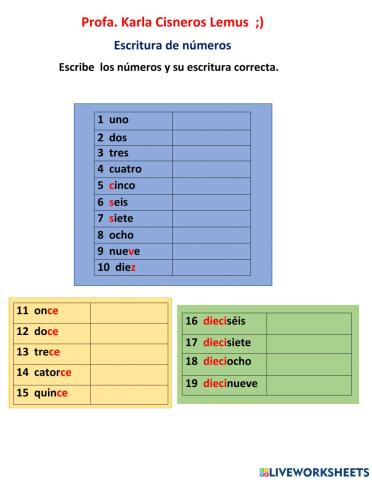 Escritura de números (1-19)