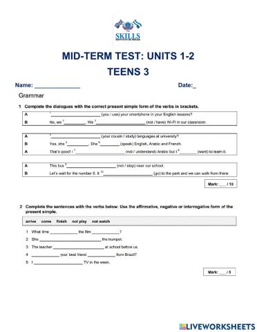 Mid-term test UNITS 1-2 TEENS 3