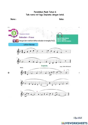 Skor Lagu Impianku (Not B,A,G,C',D',E,F,D,C)