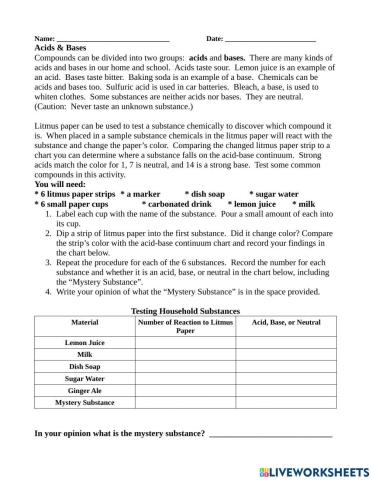 Acid and Base Worksheet