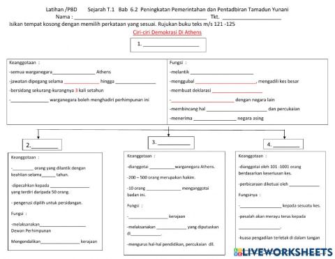 Latihan(PBD)  Sejarah T.1  Bab 6.2  Keanggotaan & Fungsi Badan Pemerintahan dan Pentadbiran Di Athens